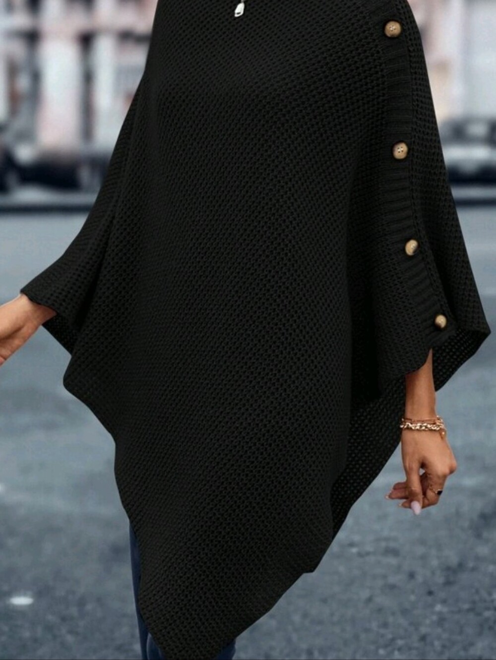 NEW! Black Button-Detail Poncho Sweater Like New